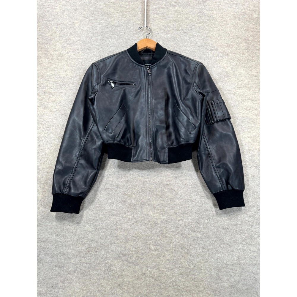 Fusionista Cropped Bomber Jacket Womens Medium Black Faux Leather Zip J1B0045J